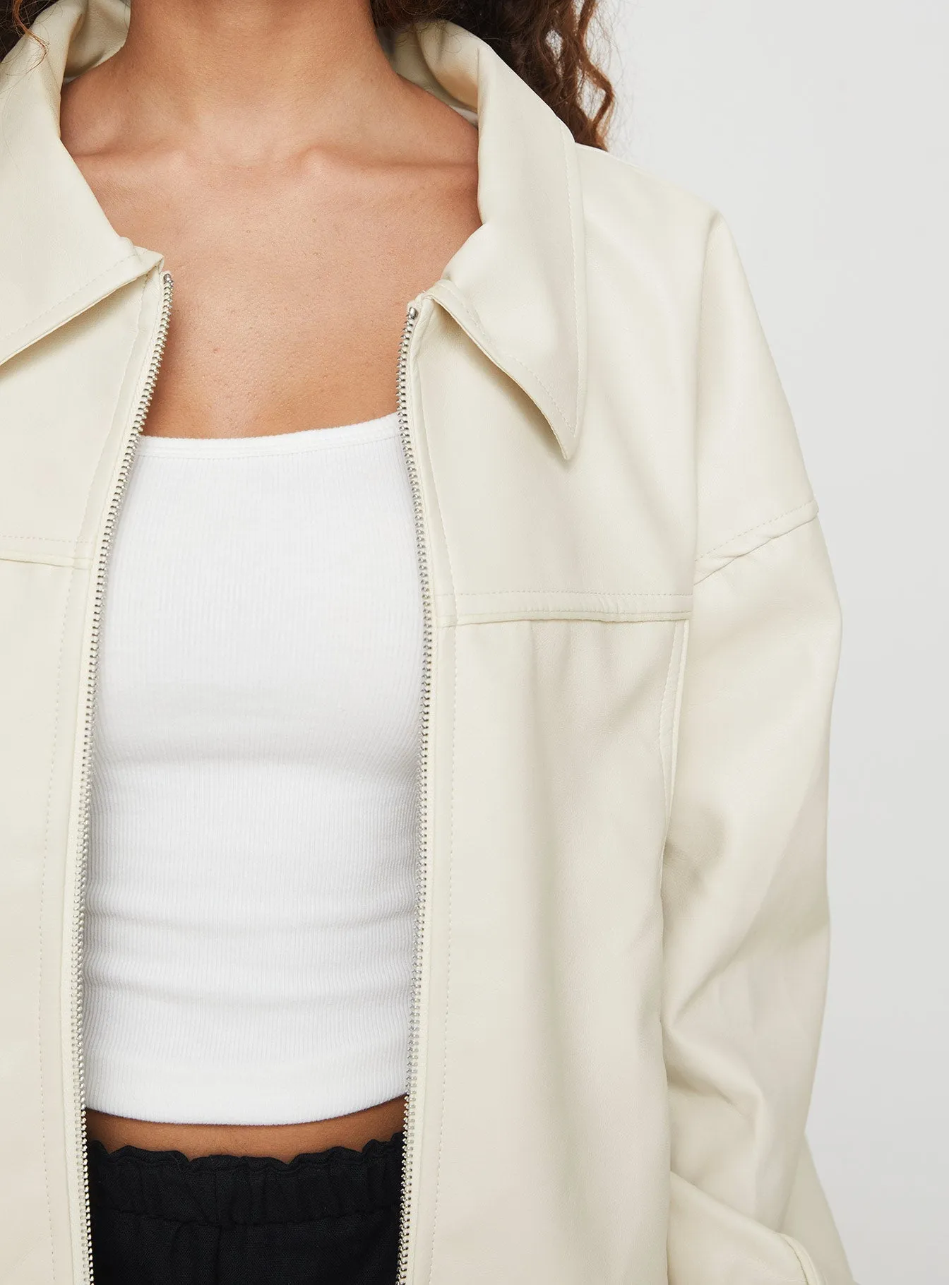 Fashionkova Goldsmith Faux Leather Bomber Jacket Cream