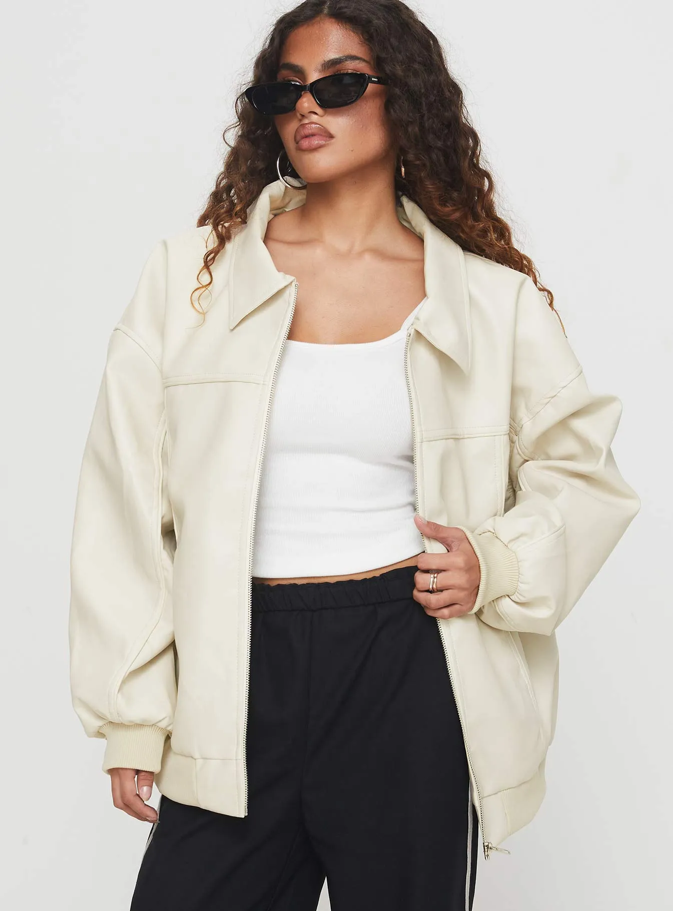 Fashionkova Goldsmith Faux Leather Bomber Jacket Cream