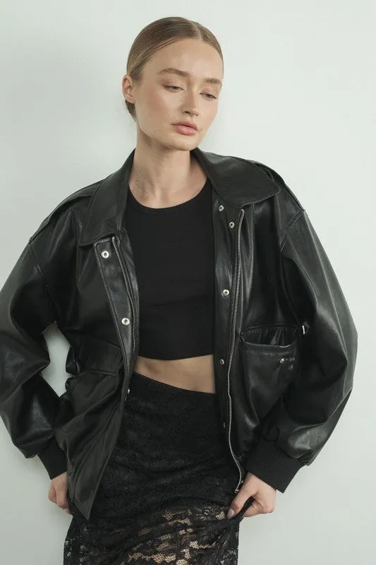 Faux Leather Bomber Jacket - Black