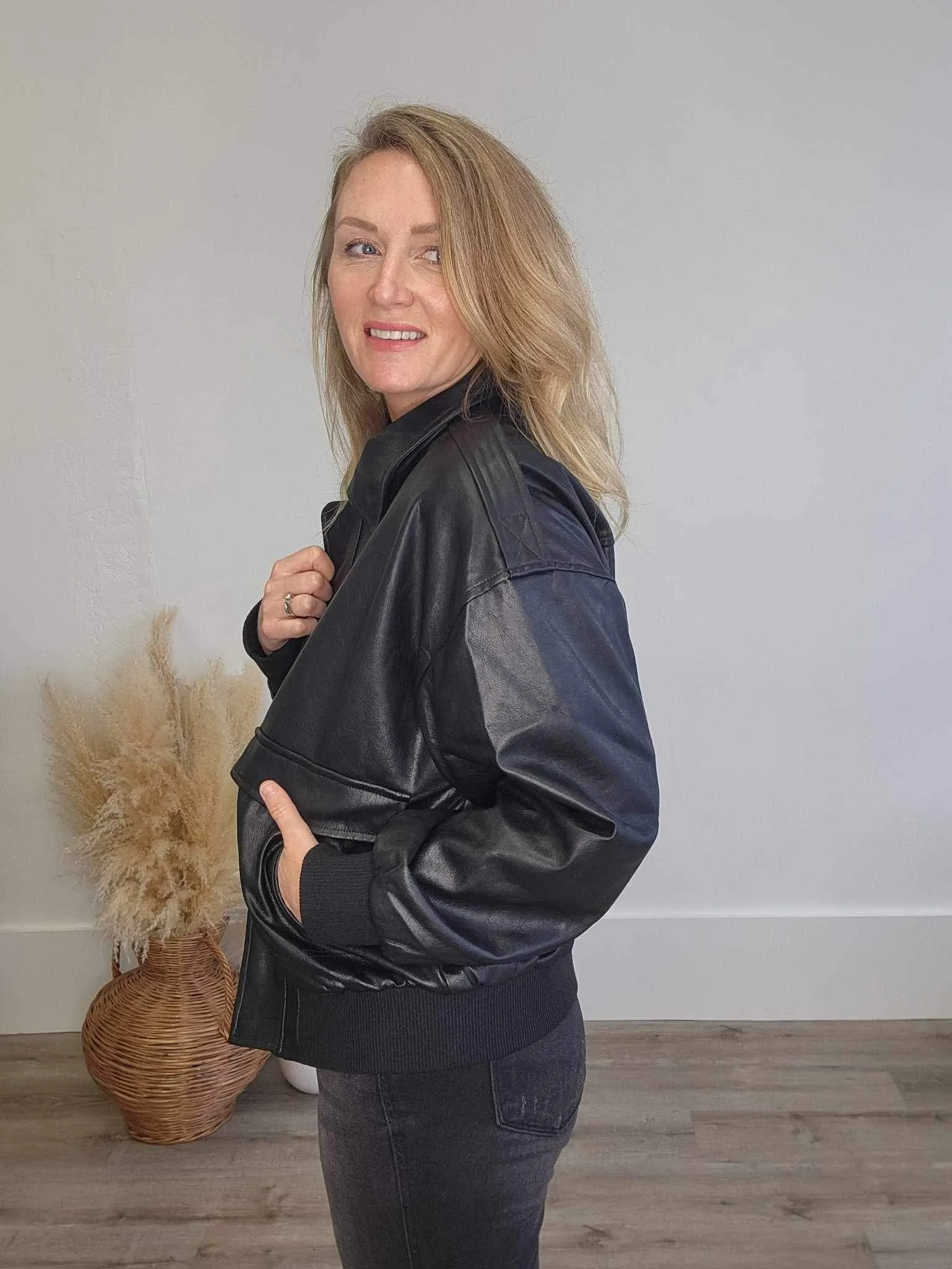 Faux Leather Bomber Jacket - Black