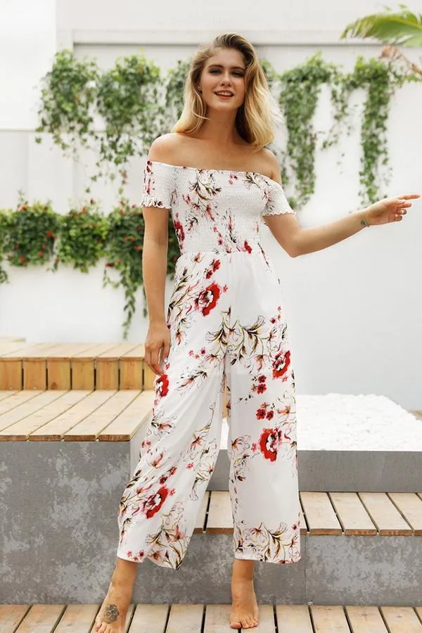 Floral Off Shoulder Smocked Jumpsuit