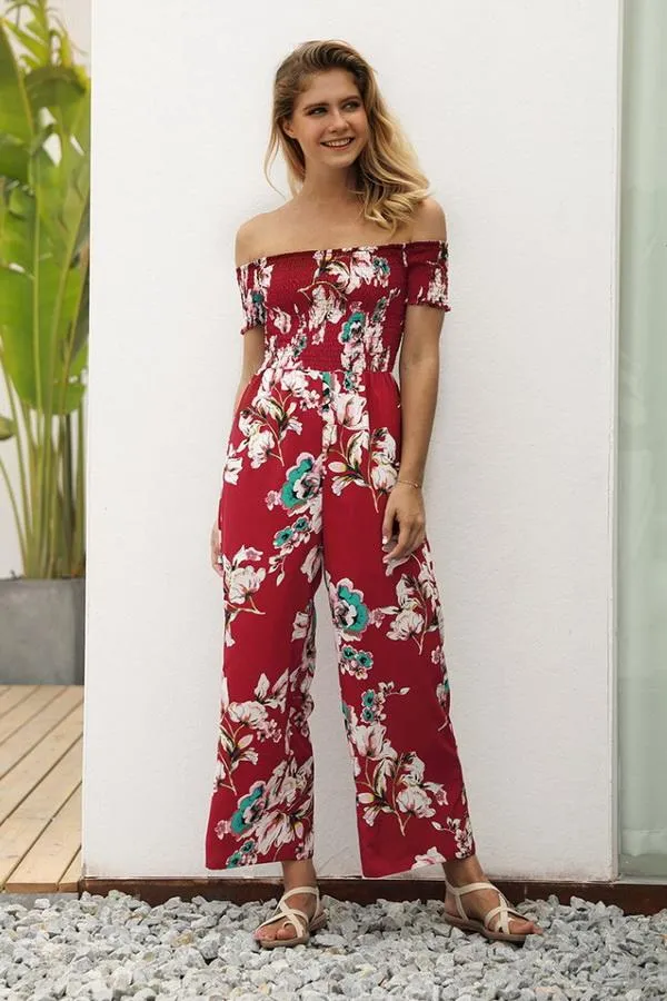 Floral Off Shoulder Smocked Jumpsuit