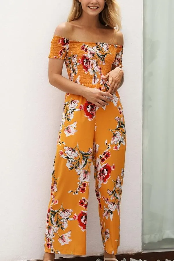 Floral Off Shoulder Smocked Jumpsuit