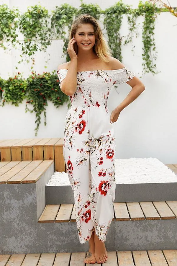 Floral Off Shoulder Smocked Jumpsuit