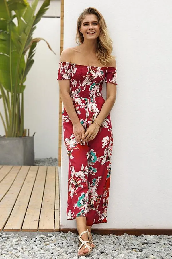 Floral Off Shoulder Smocked Jumpsuit