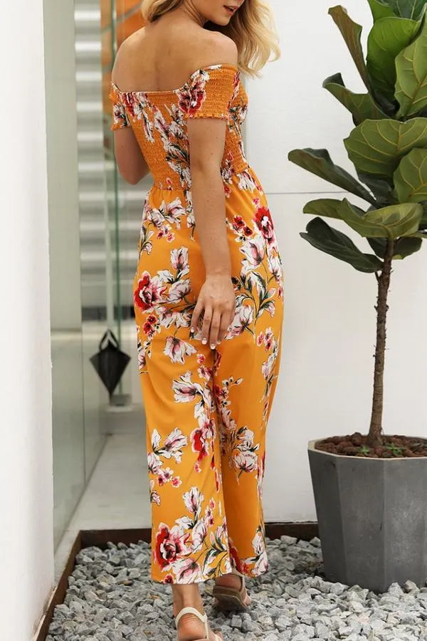 Floral Off Shoulder Smocked Jumpsuit