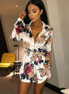 Floral Print Notched Dress Women Summer Long Sleeve Sexy Split