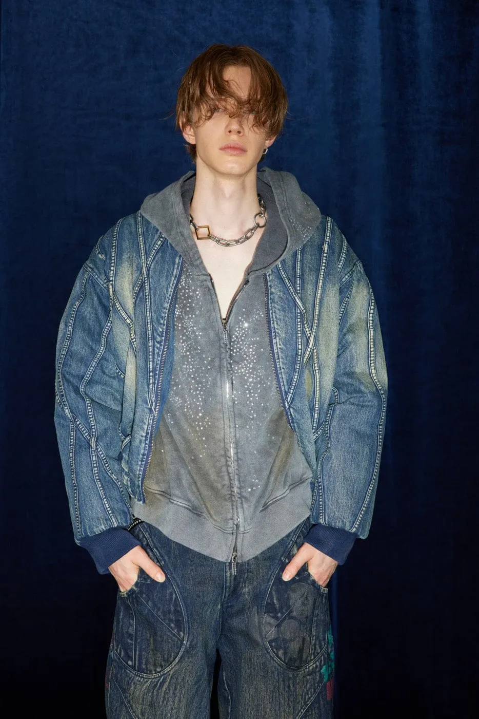 Geometric Denim Bomber Jacket