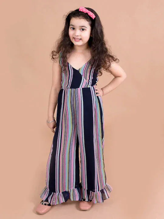 Girls Navy Blue Pink Striped Basic Jumpsuit - Ps Peaches