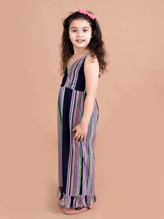 Girls Navy Blue Pink Striped Basic Jumpsuit - Ps Peaches