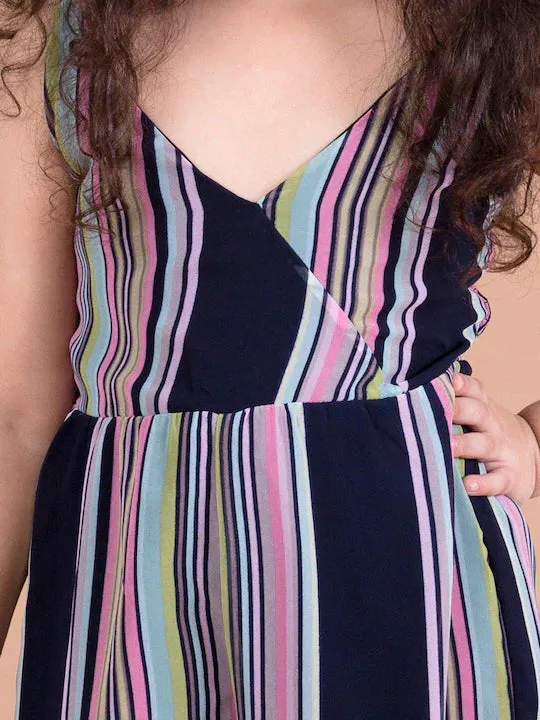 Girls Navy Blue Pink Striped Basic Jumpsuit - Ps Peaches