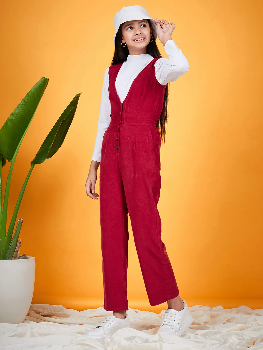 Girls V-Neck Sleeveless Pure Cotton Basic Jumpsuit - Ps Peaches