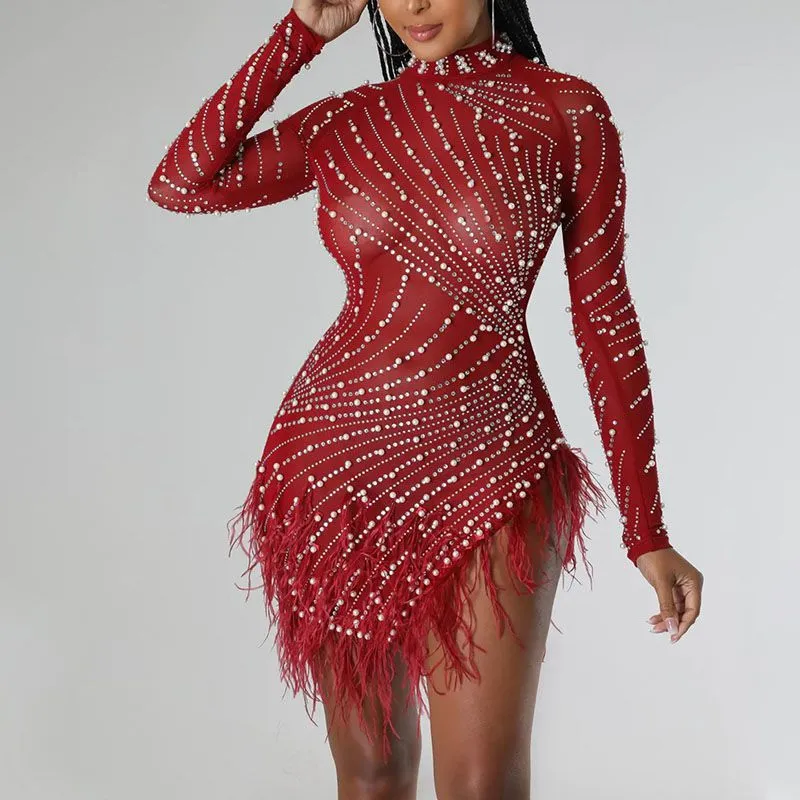 Glitter Sequin Rhinestone Fringe Long Sleeve Turtle Neck Dress With Split