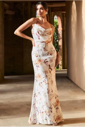 Goddiva Floral Cowl Neck Maxi Dress - Cream Print