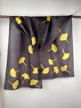 “Golden Gingko on Black" - Hand-dyed Silk Scarf - $135