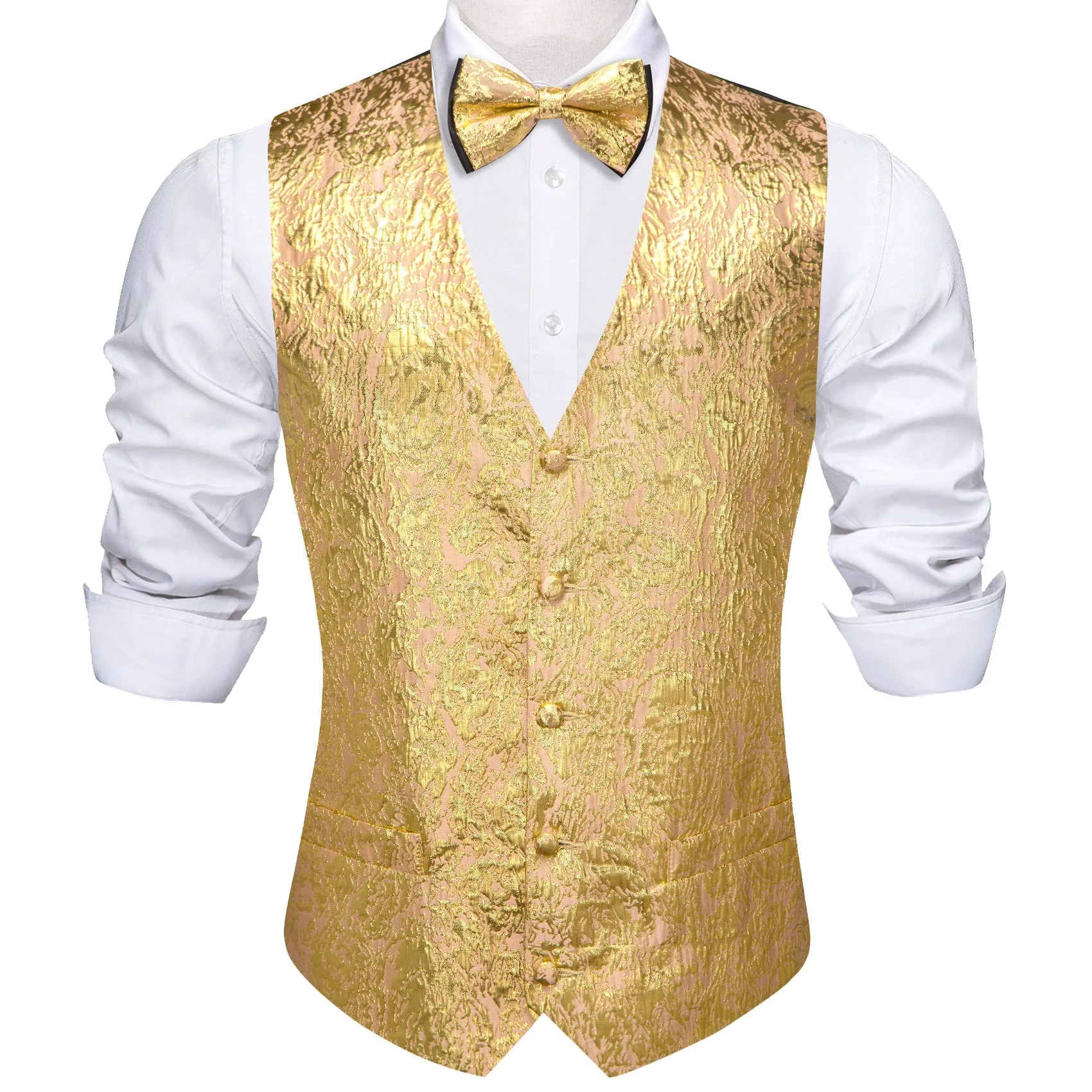 Golden Yellow Novelty Jacquard Silk Men's Vest Hanky Cufflinks Bow Tie Set