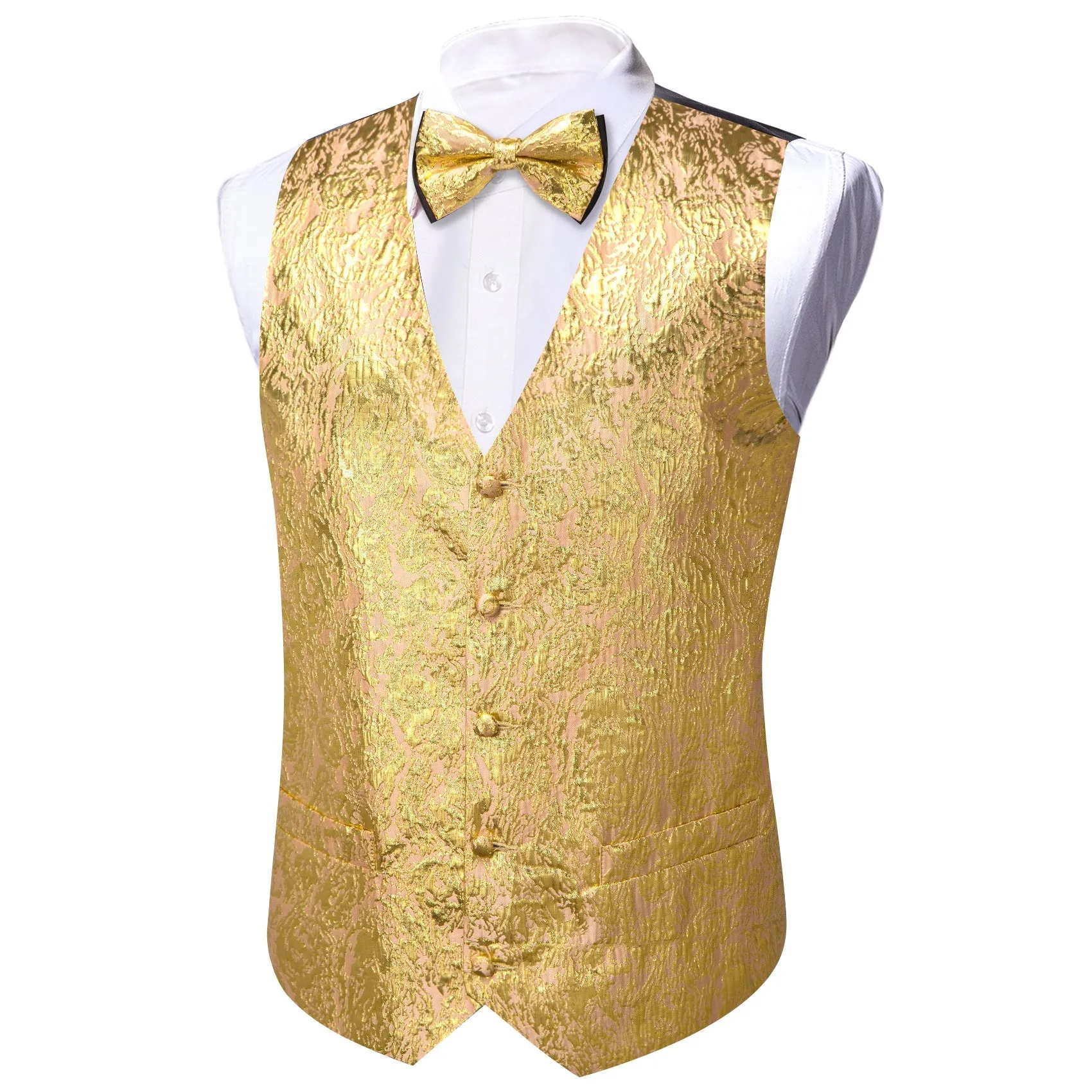 Golden Yellow Novelty Jacquard Silk Men's Vest Hanky Cufflinks Bow Tie Set