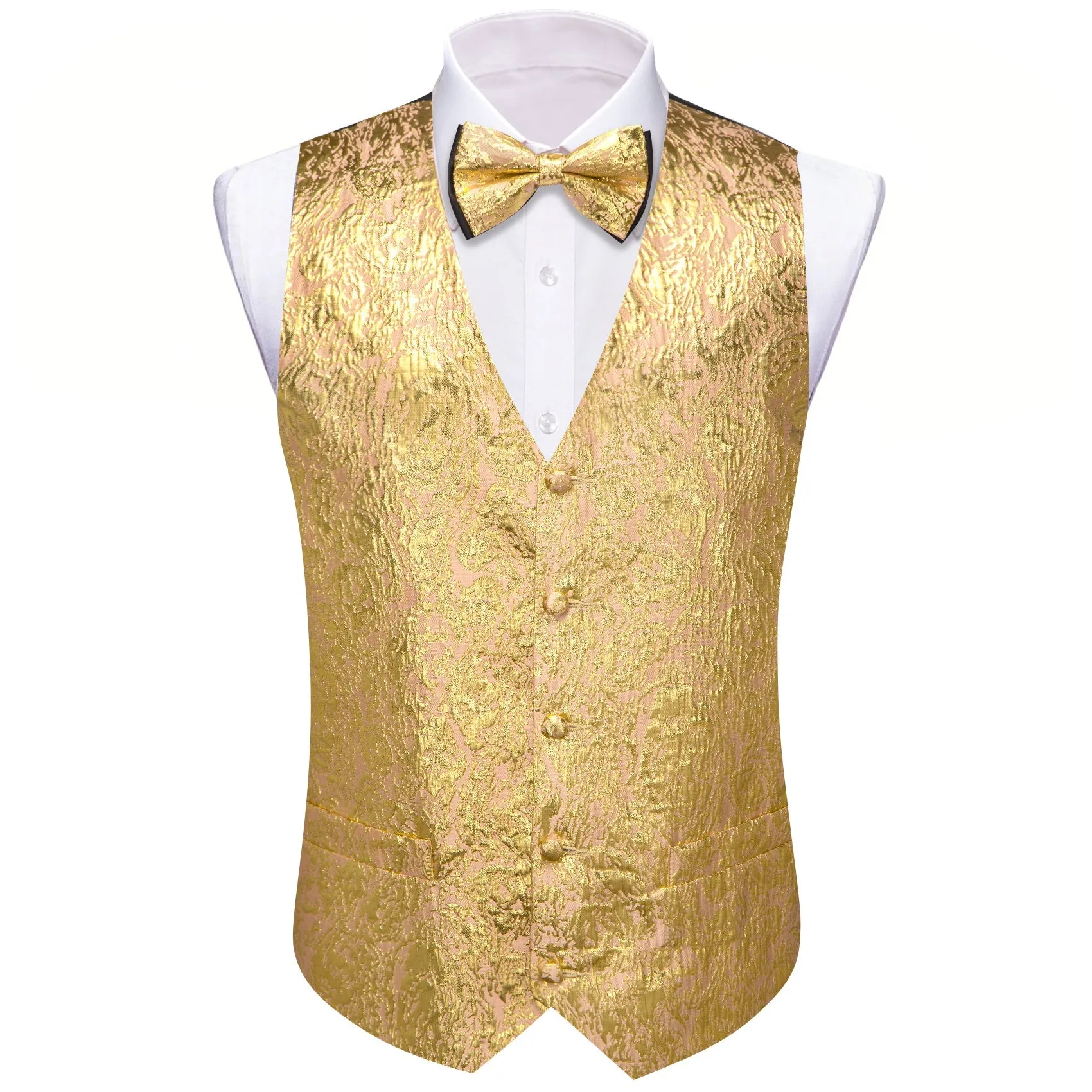 Golden Yellow Novelty Jacquard Silk Men's Vest Hanky Cufflinks Bow Tie Set