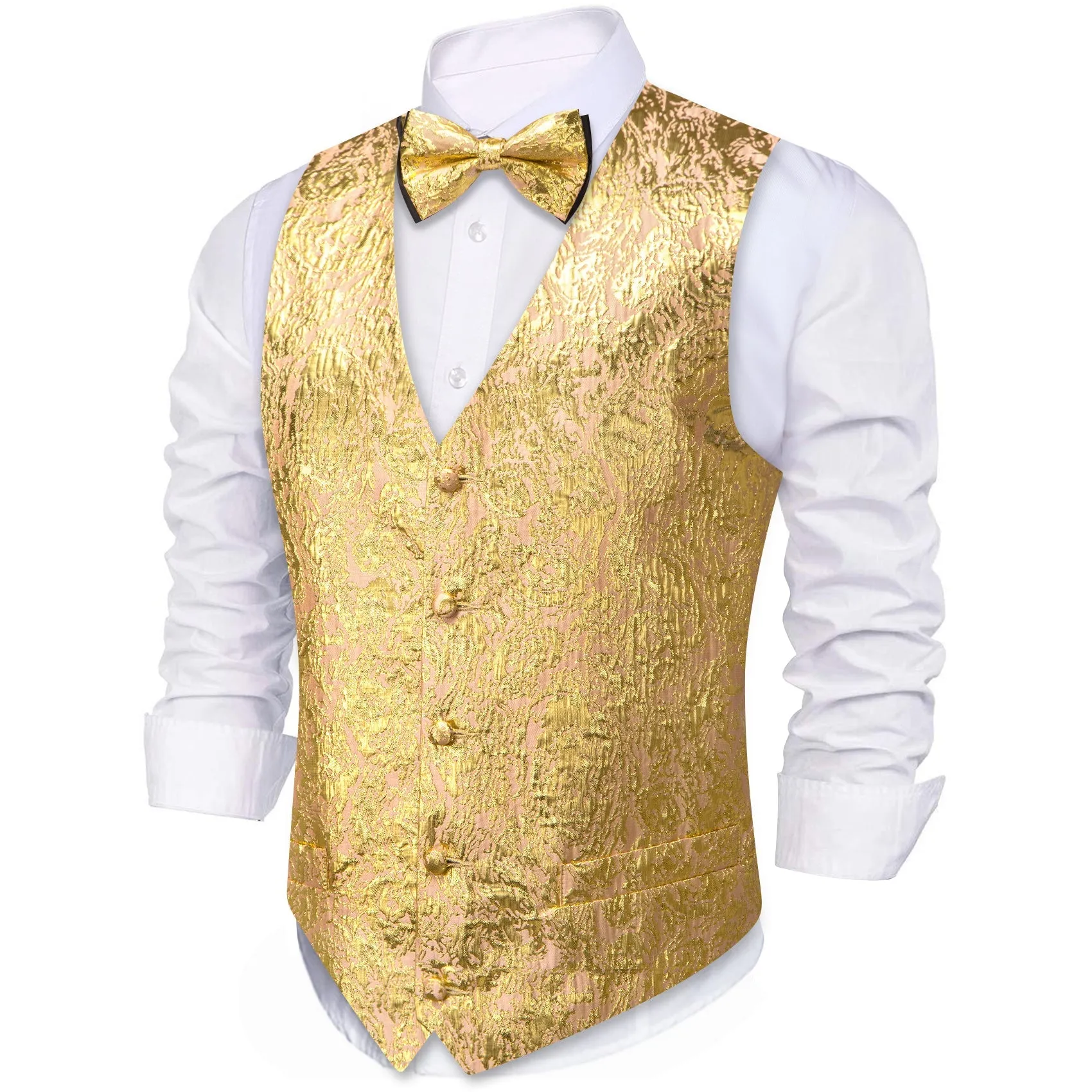 Golden Yellow Novelty Jacquard Silk Men's Vest Hanky Cufflinks Bow Tie Set