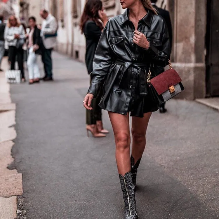 Green Faux Leather Shirt Jacket With Tie Waist Belt