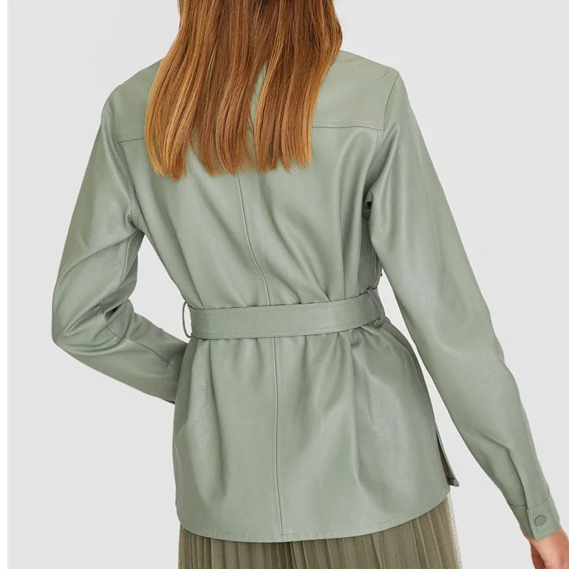 Green Faux Leather Shirt Jacket With Tie Waist Belt