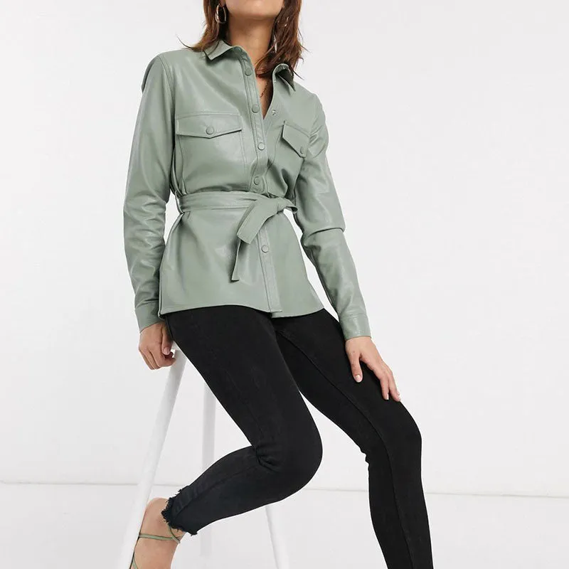 Green Faux Leather Shirt Jacket With Tie Waist Belt