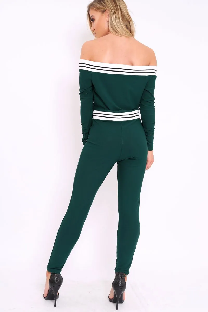 Green Sports Trim Bardot Jumpsuit - Millie