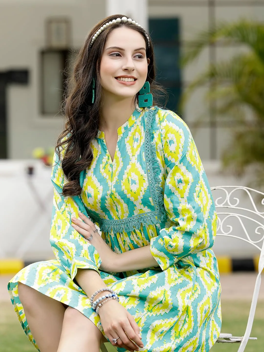 Green Tropical Printed Cotton A-Line Midi Dress with Mandarin Collar