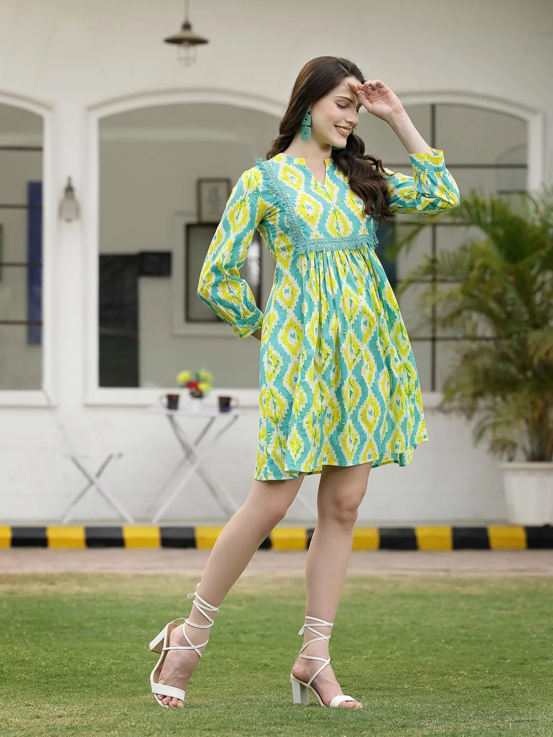 Green Tropical Printed Cotton A-Line Midi Dress with Mandarin Collar