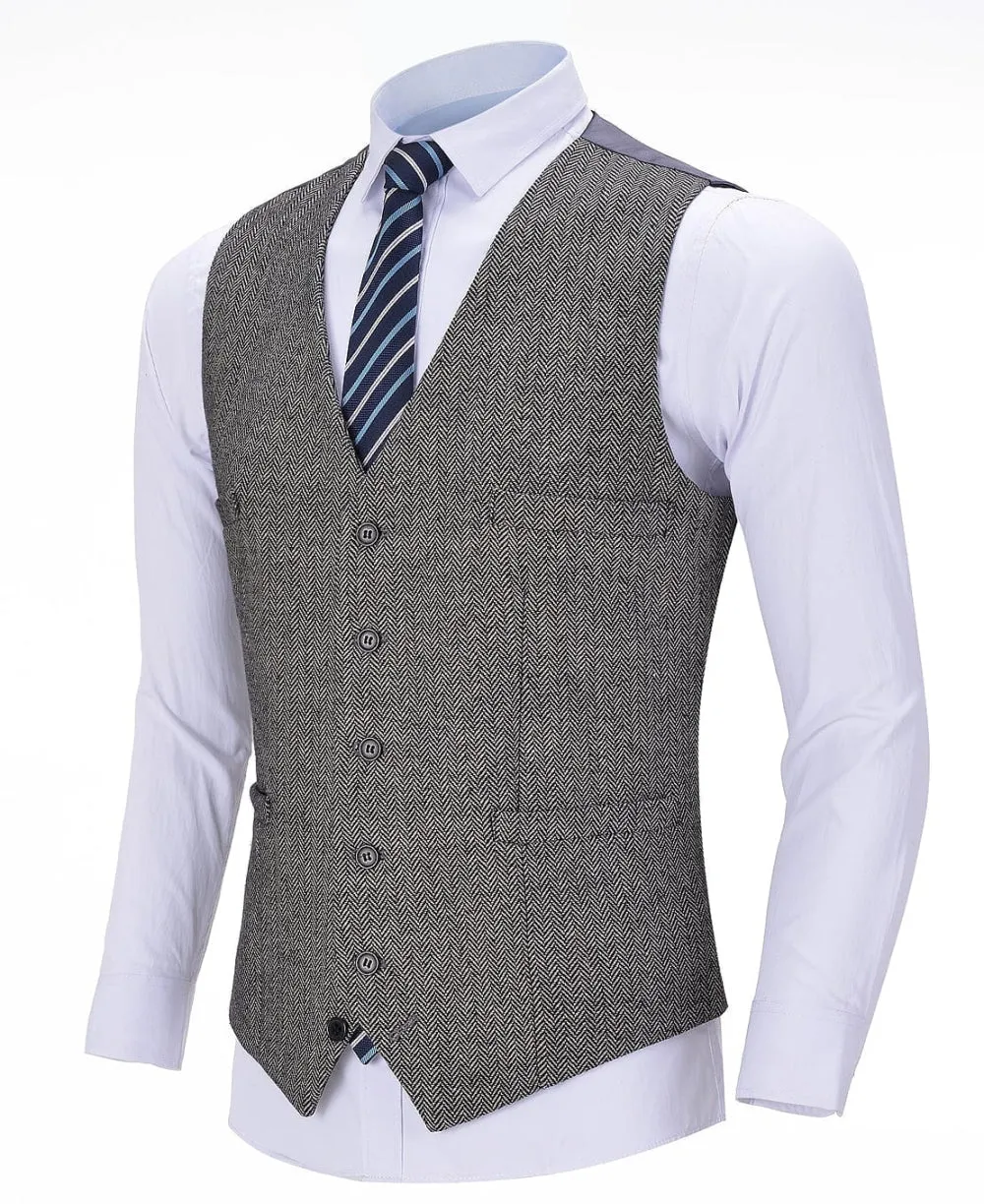 Grey Herringbone V Neck Waistcoat