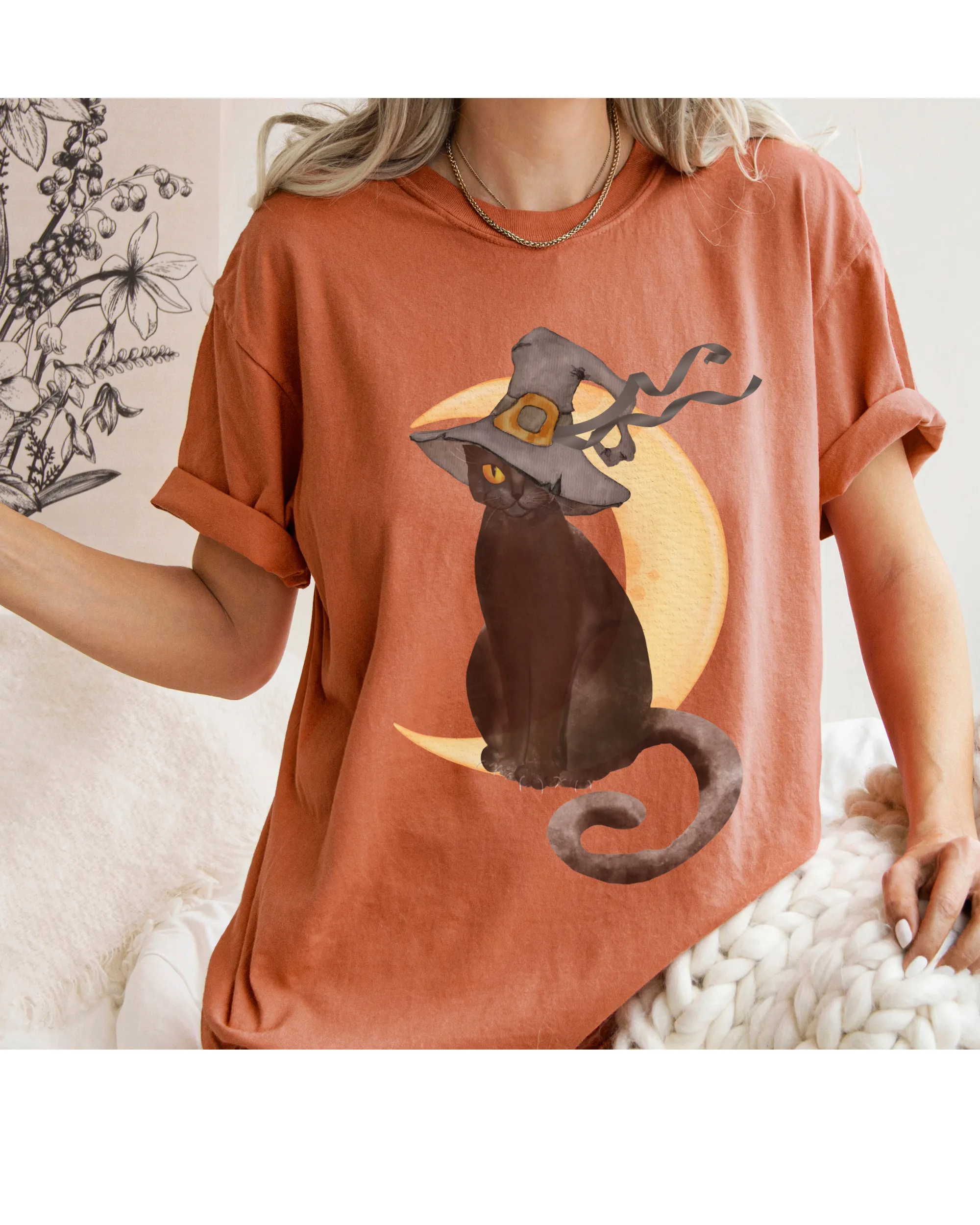 Halloween Comfort Colors® T-Shirt, Watercolor Black Cat Women's Gothic Retro Design T-Shirt