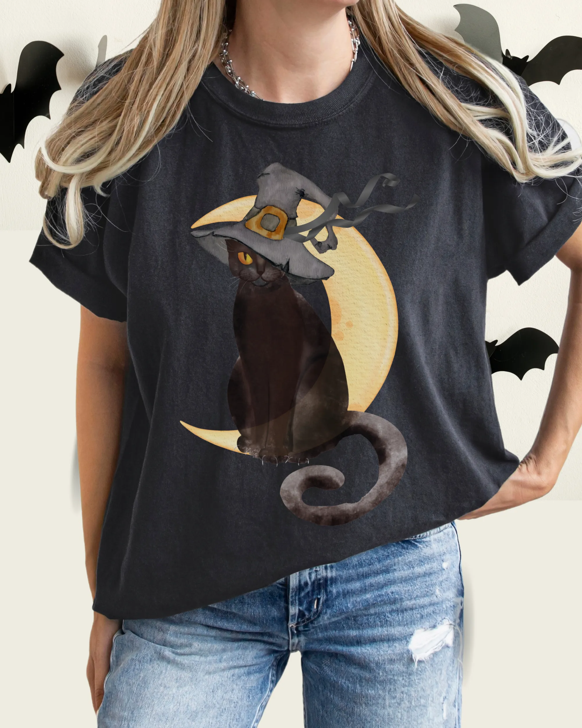 Halloween Comfort Colors® T-Shirt, Watercolor Black Cat Women's Gothic Retro Design T-Shirt