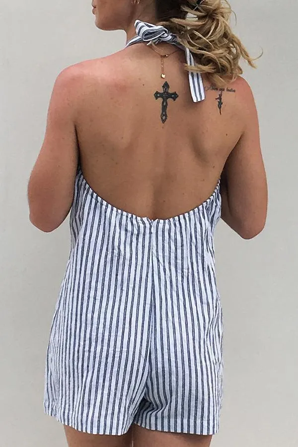 Halter Sleeveless Striped Single Breasted Romper