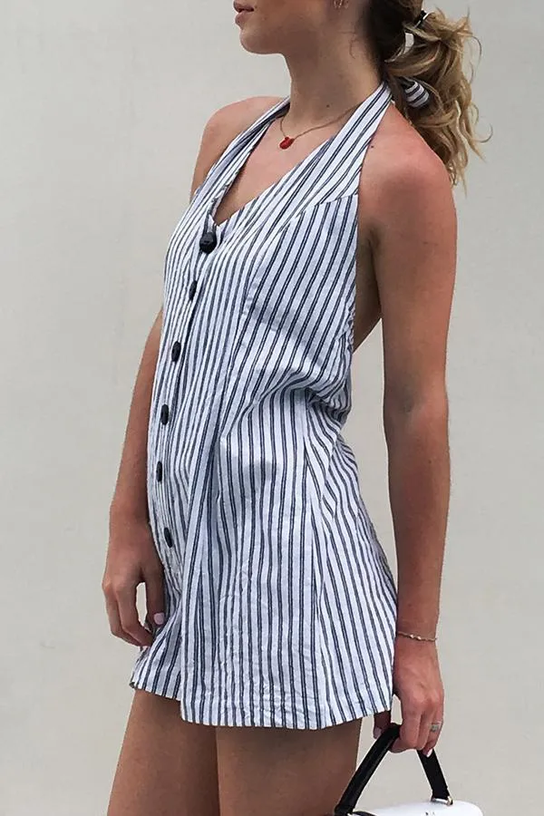 Halter Sleeveless Striped Single Breasted Romper