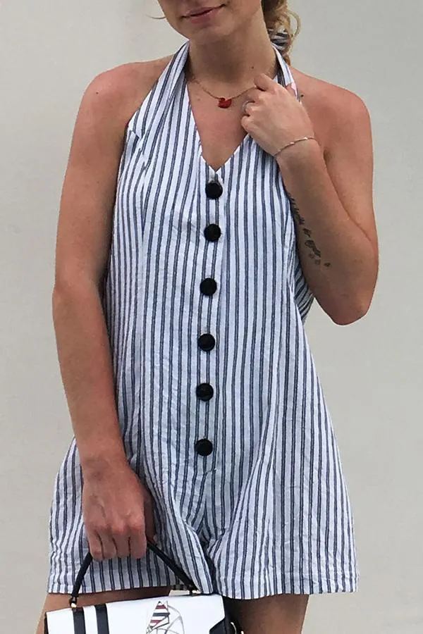 Halter Sleeveless Striped Single Breasted Romper