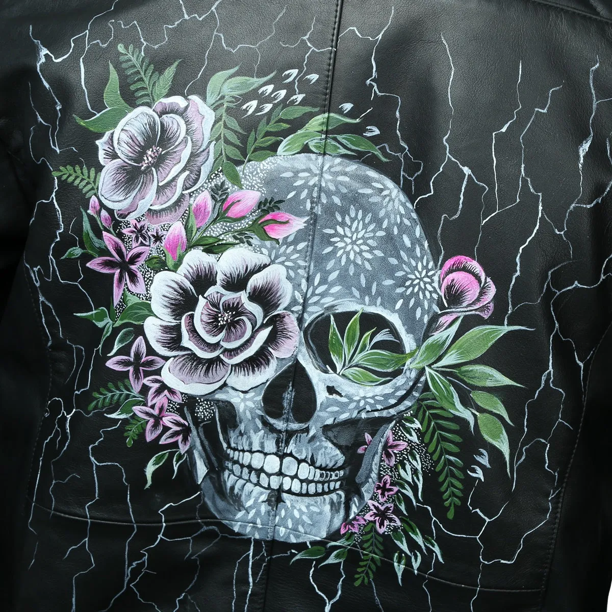 Hand-Painted Skull Design Black Quilted Shoulder Leather Biker Jacket By Brune & Bareskin