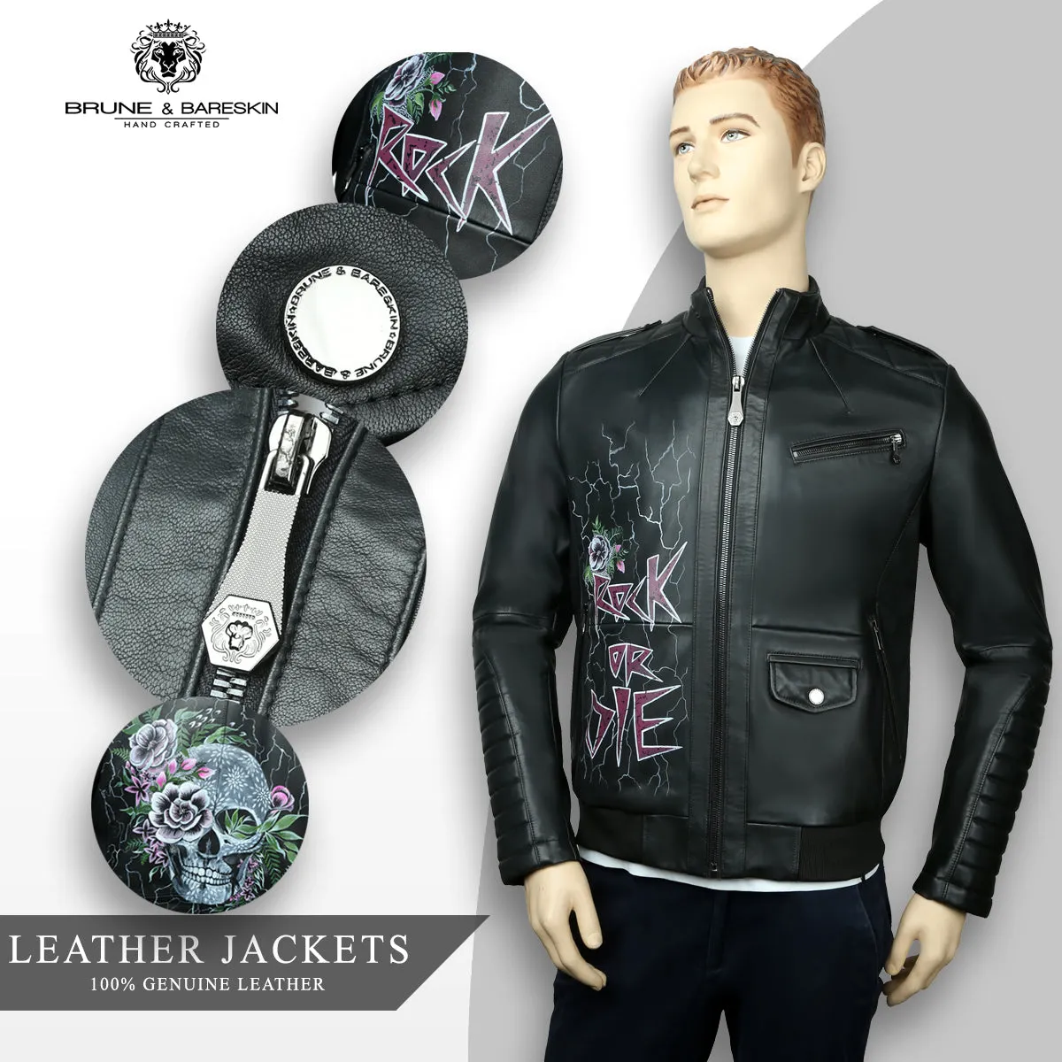 Hand-Painted Skull Design Black Quilted Shoulder Leather Biker Jacket By Brune & Bareskin