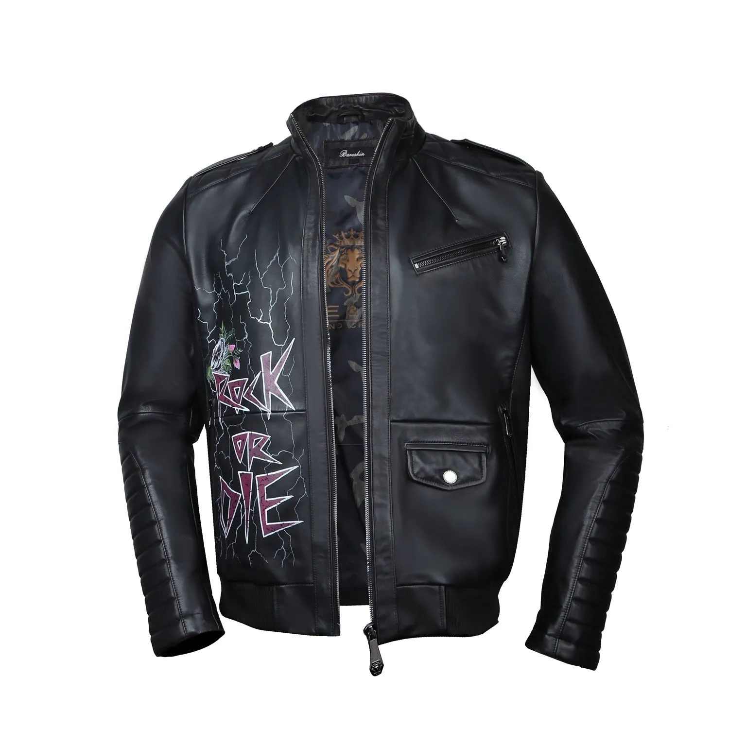 Hand-Painted Skull Design Black Quilted Shoulder Leather Biker Jacket By Brune & Bareskin