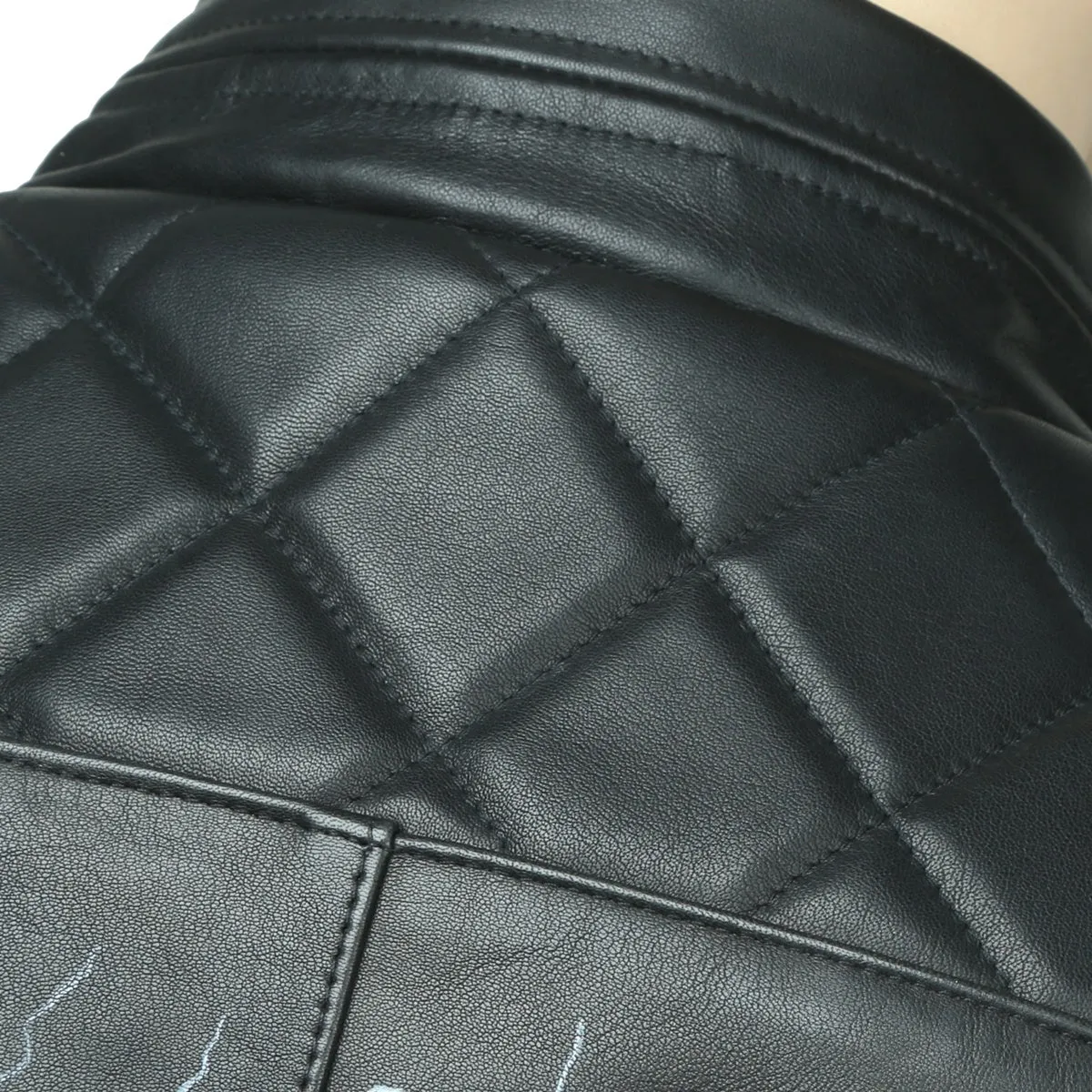 Hand-Painted Skull Design Black Quilted Shoulder Leather Biker Jacket By Brune & Bareskin