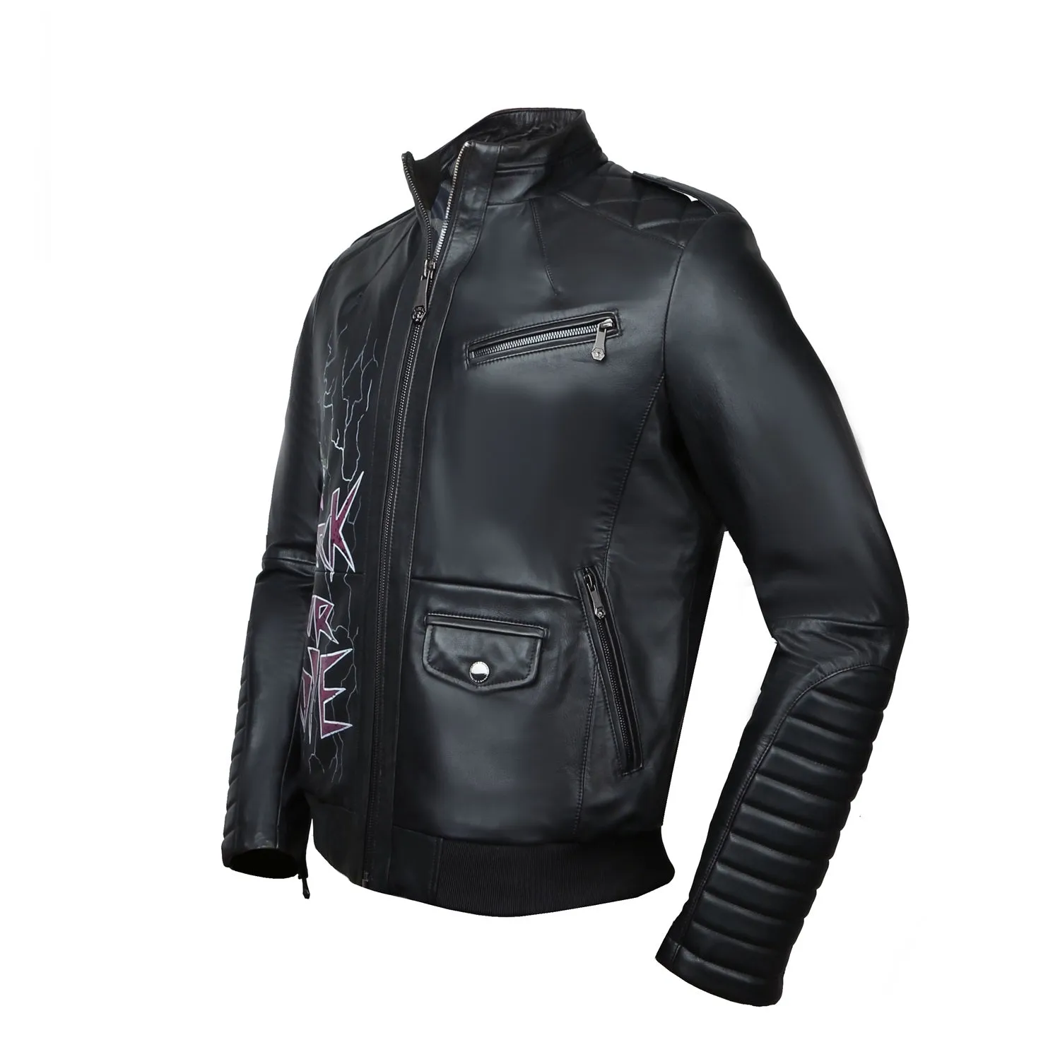 Hand-Painted Skull Design Black Quilted Shoulder Leather Biker Jacket By Brune & Bareskin