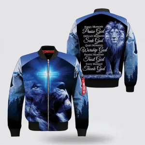 Happy Moment Praise God Lion Cross Blue Light Bomber Jacket - Christian Bomber Shirts for Men and Women