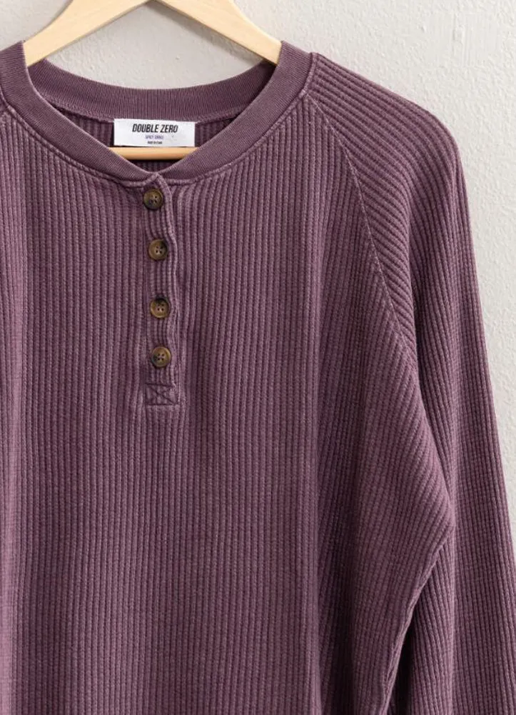 Henley Waffle Knit Raglan Sleeve Top in Dark Plum by Hyfve