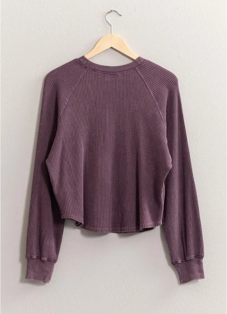 Henley Waffle Knit Raglan Sleeve Top in Dark Plum by Hyfve