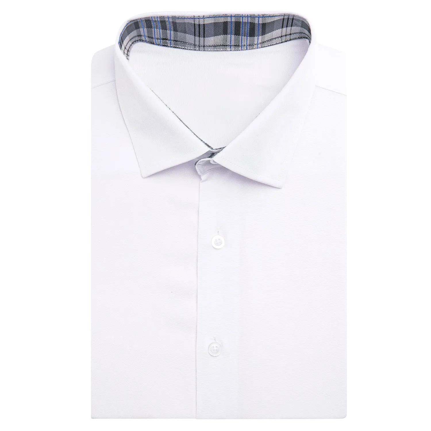 Hi-Tie White Solid Dress Shirt Grey Collar Silk Men Short Sleeve Shirt