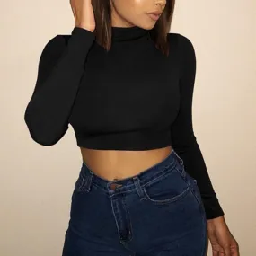 High Neck Solid Long Sleeve Crop Top Shirt