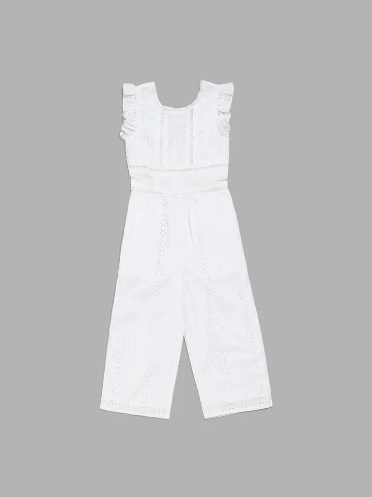 HOP Kids White Schiffli Embroidered Jumpsuit