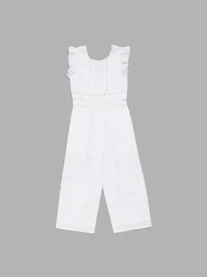 HOP Kids White Schiffli Embroidered Jumpsuit