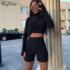 Hugcitar long sleeve zipper high neck elastic sexy crop tops shorts 2-pieces 2021 summer autumn women fashion casual sports sets