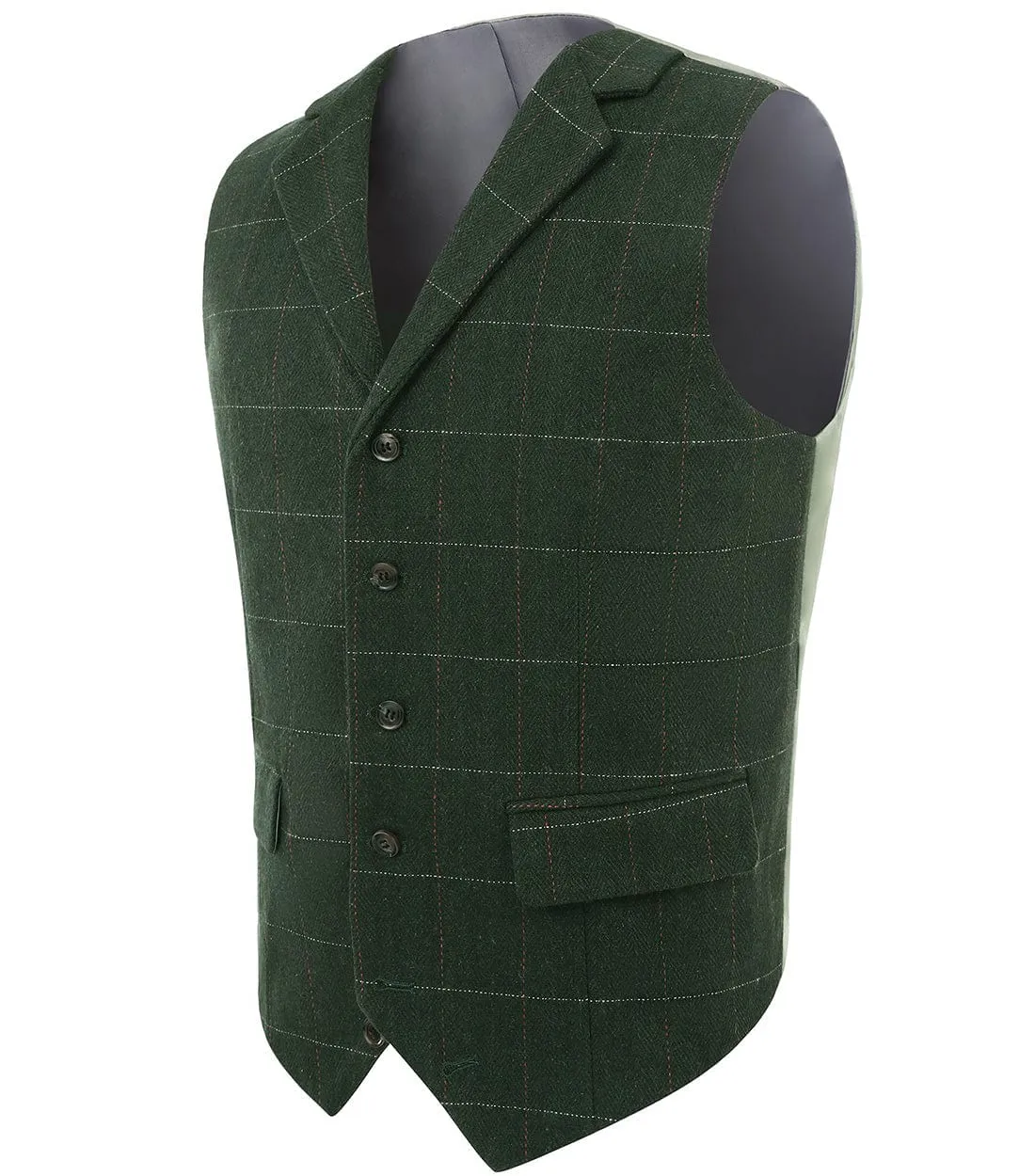 Hunt Green Casual Men's Suit Vest Plaid Notch Lapel Waistcoat