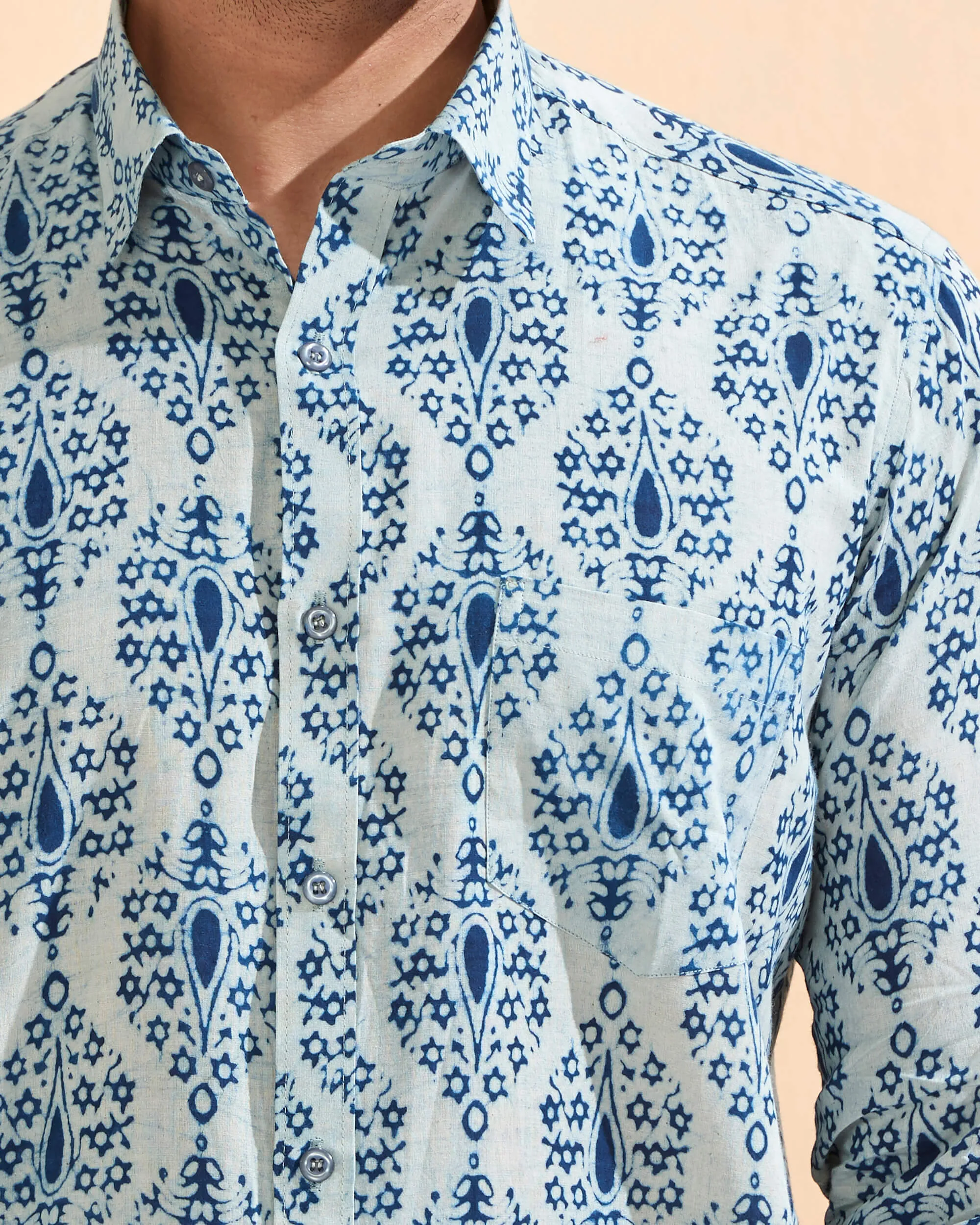 Indigo Full Sleeve Cotton Hand Block Printed Men's Shirt